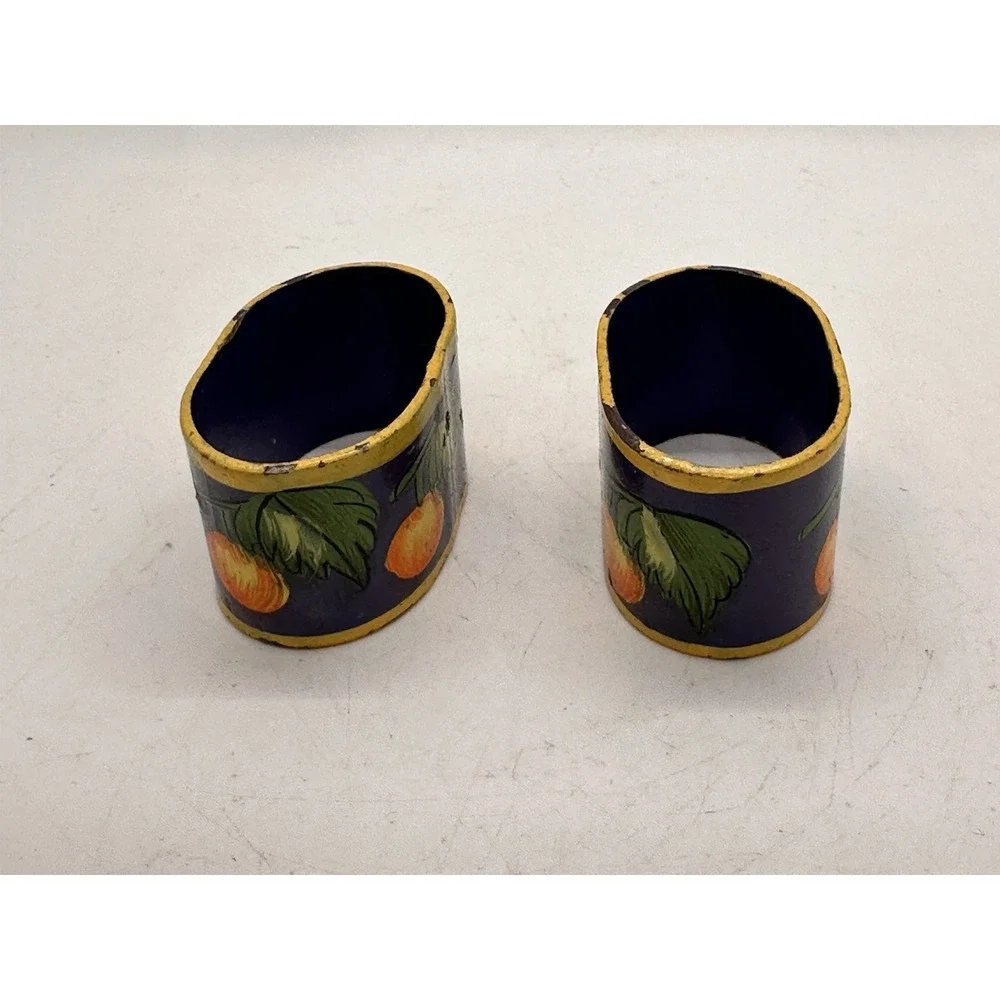 Pair Hand Painted Metal Napkin Rings Italian Tuscan Citrus Fruit Blue Decor